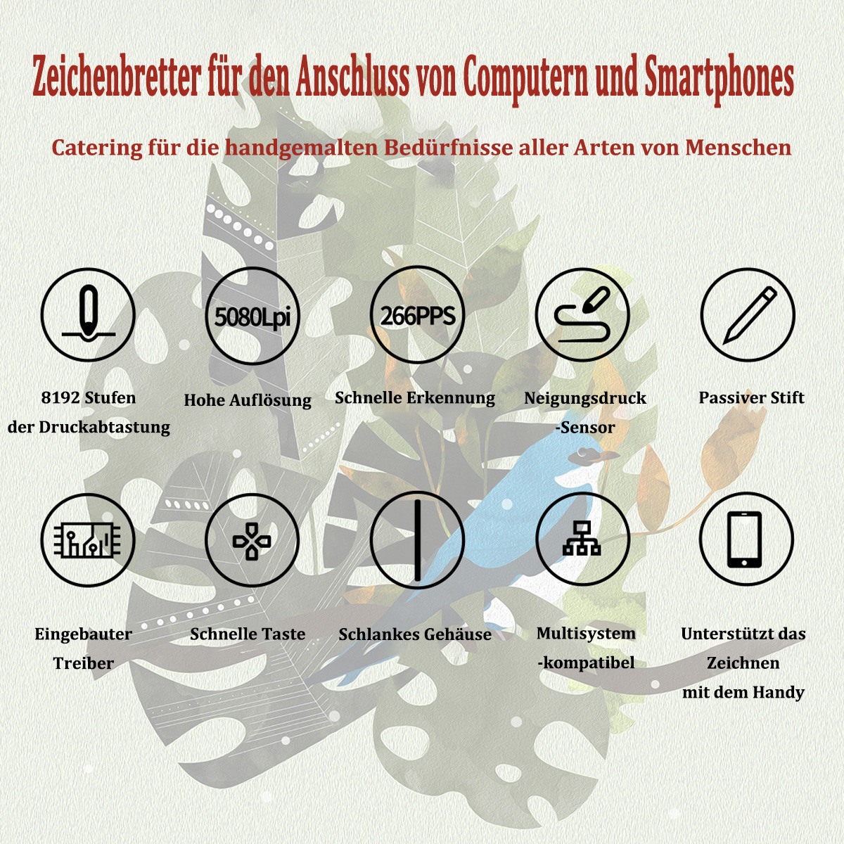 Bild von Zeichenwerkzeugen und Symbolen. Das Bild enthält Text auf Deutsch.