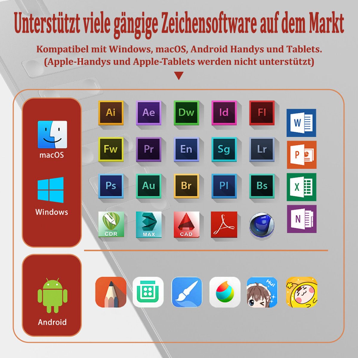 Das Bild zeigt verschiedene Software-Logos. Die Software ist kompatibel mit Windows, macOS und Android.