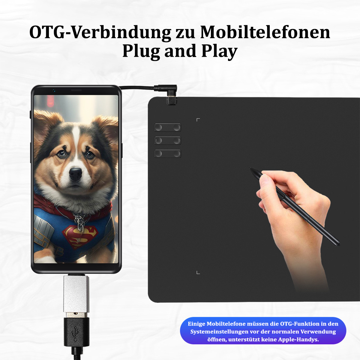 Telefon mit einem Zeichentablett verbunden. Das Telefon zeigt eine Hundezeichnung, der Stift ist sichtbar.