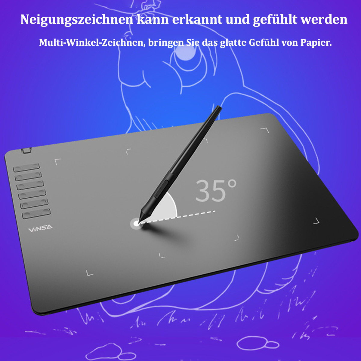 Ein Zeichentablett mit Stift auf der Oberfläche. Der Winkel wird als 35 Grad angezeigt.