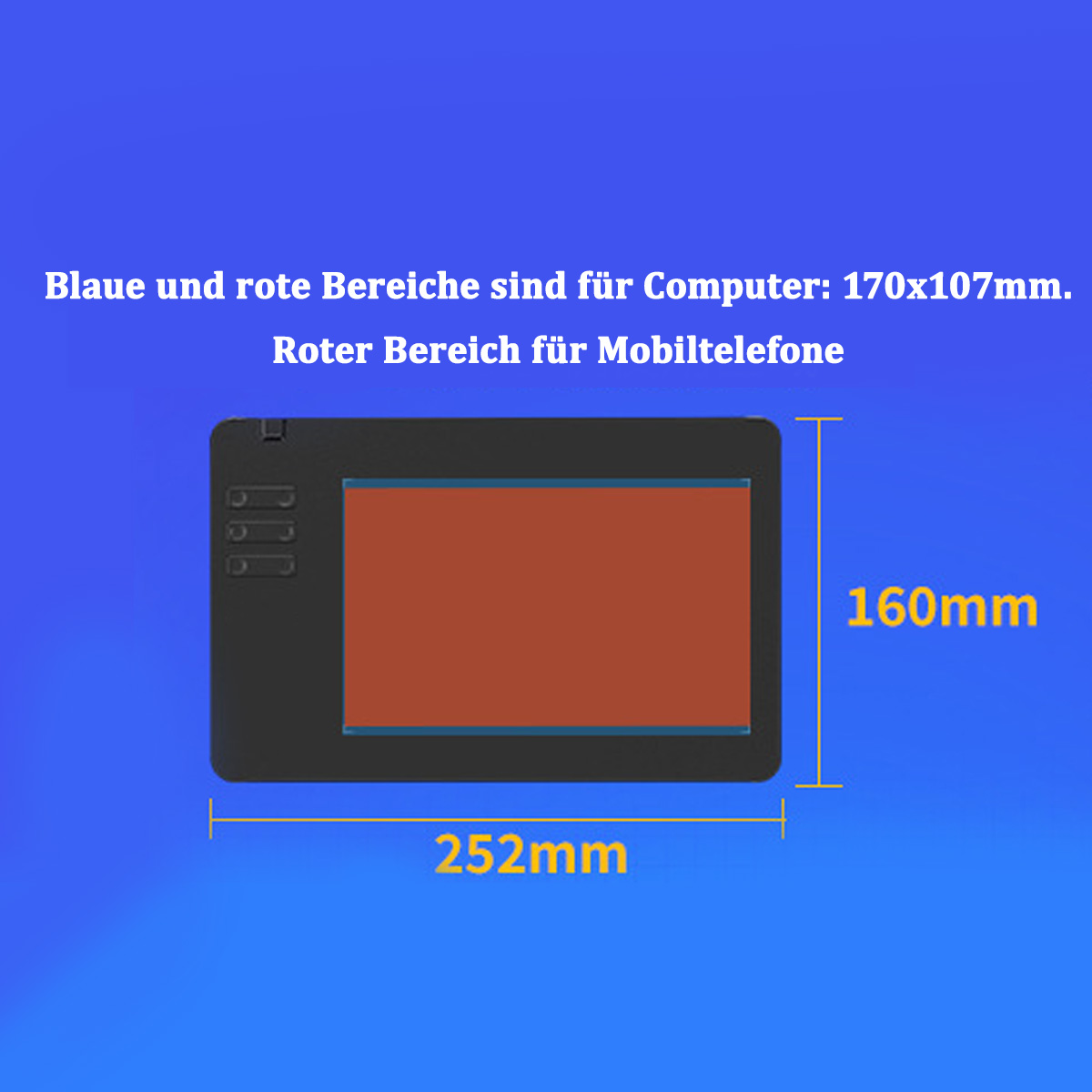 Schwarzes Tablet mit rotem Rechteck und Abmessungen in mm. Text: Blaue und rote Bereiche für Computer.