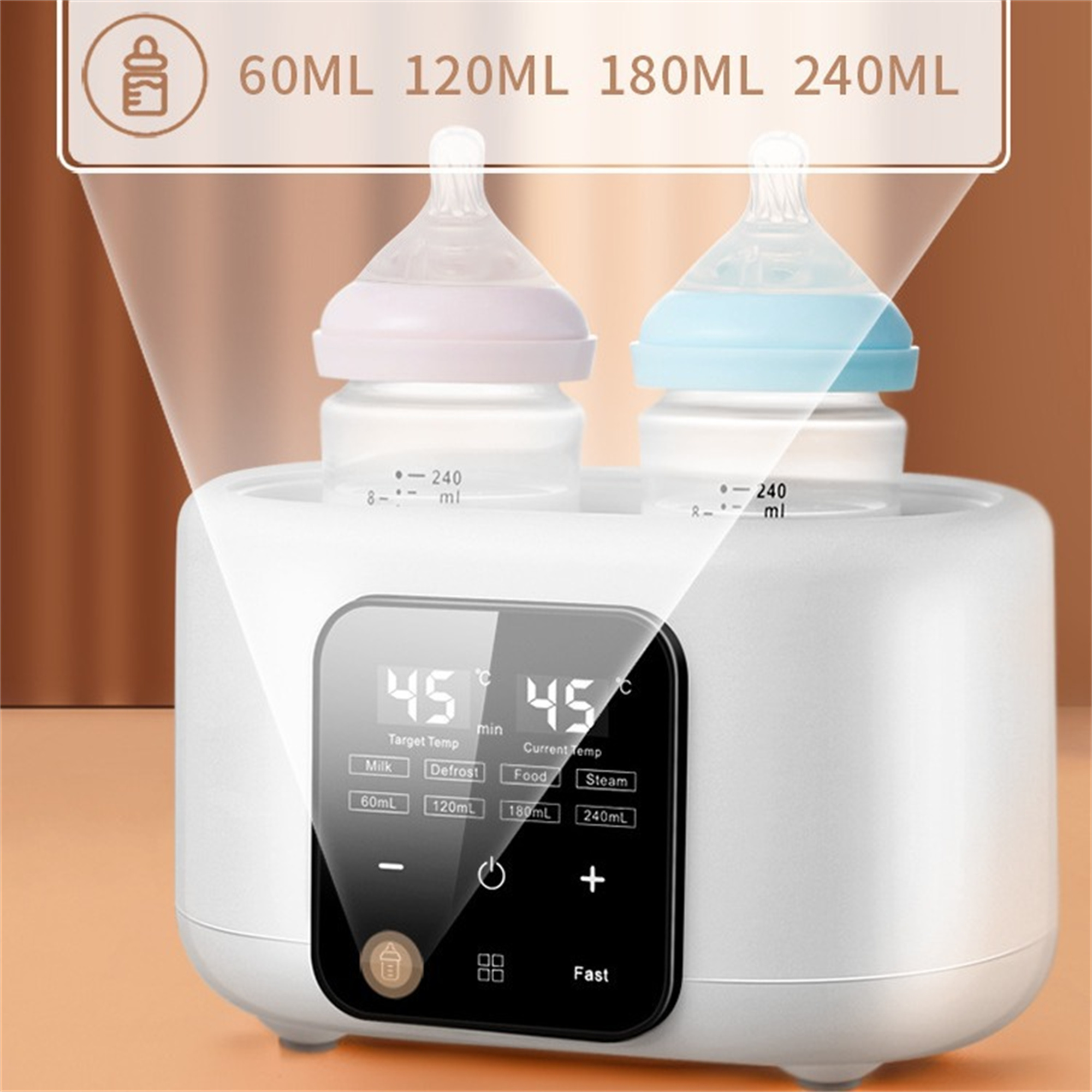 Babyflaschenwärmer mit zwei Flaschen, Digitalanzeige mit Temperatureinstellungen.