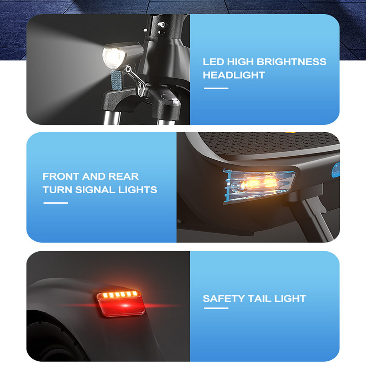 Ein E-Scooter-Scheinwerfer, Blinker und Rücklicht werden mit Textbeschriftungen hervorgehoben.