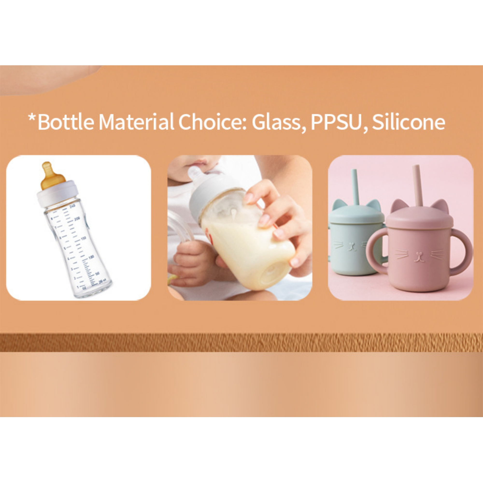 Bilder von Babyflaschen aus Glas, PPSU und Silikon.