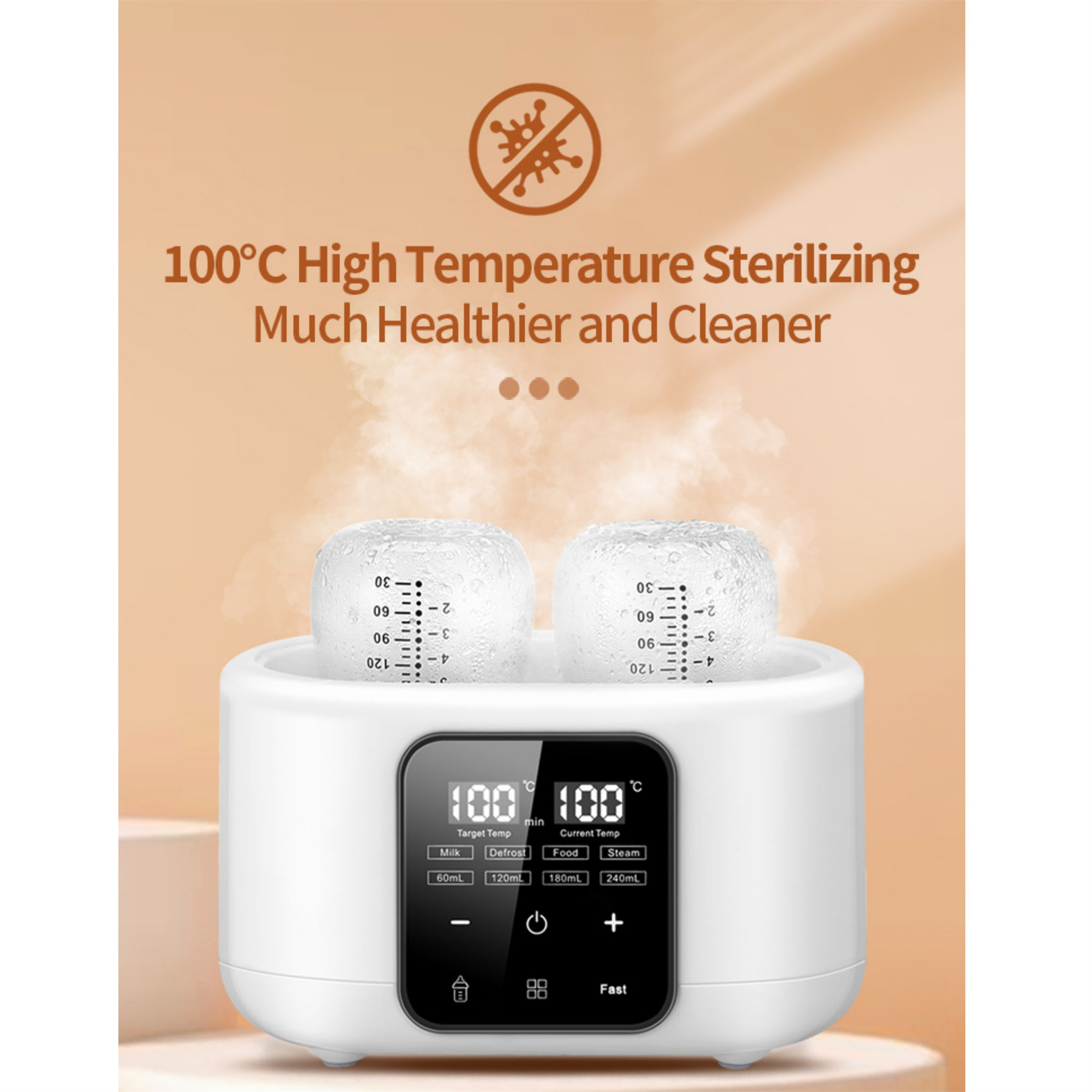 Ein weißer Babyflaschenwärmer mit zwei Flaschen darin. Der Bildschirm zeigt Temperatureinstellungen. Dampf steigt auf.