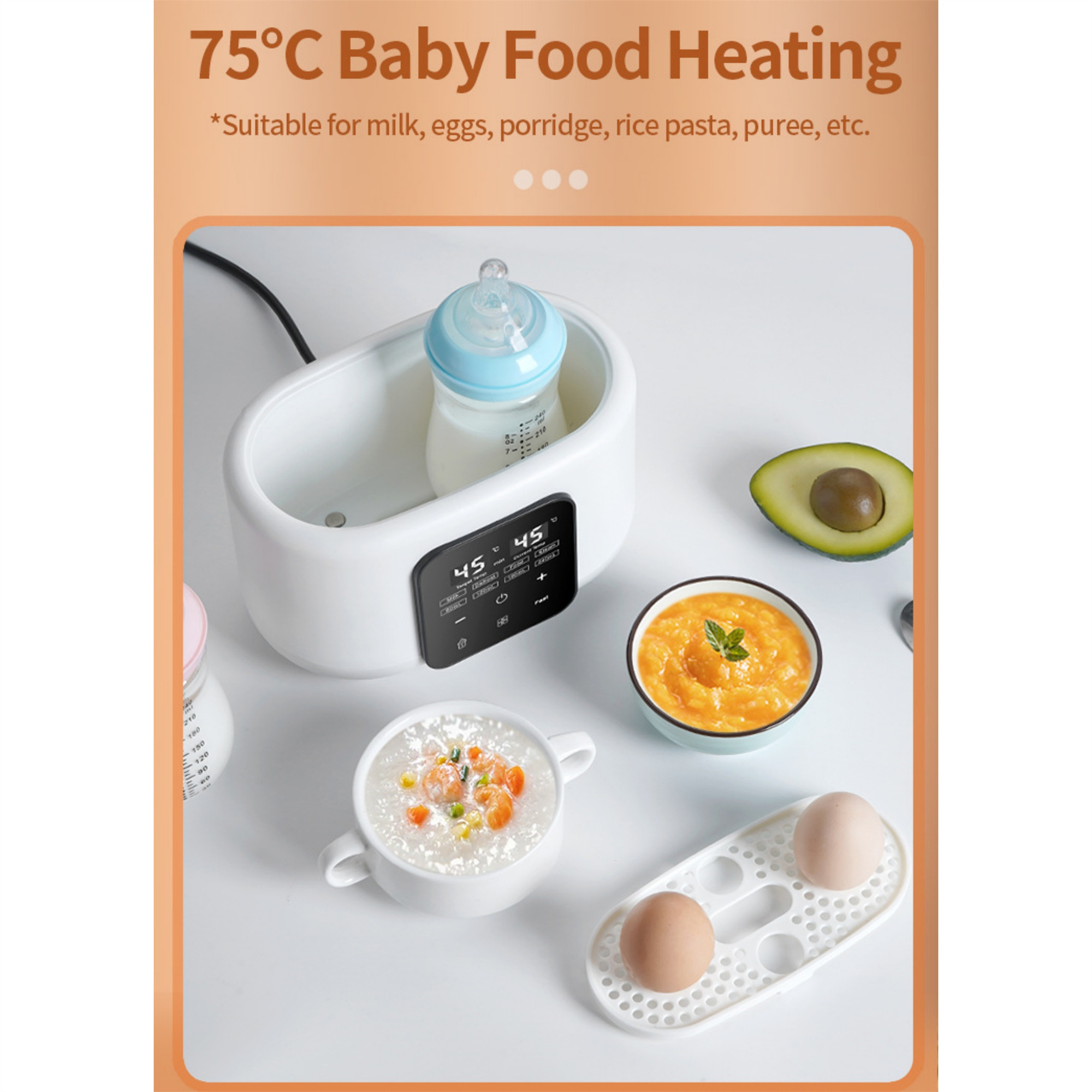 Babykostwärmer mit Flasche, Eiern und Babykostschalen. Avocado ist vorhanden.