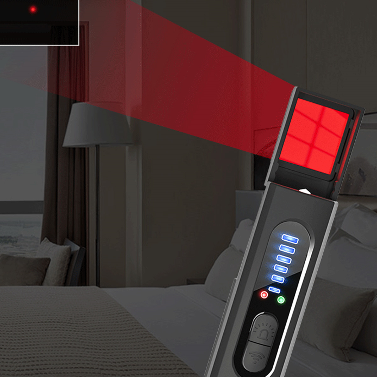 Handgerät, das einen roten Strahl aussendet. Bett und Schlafzimmer im Hintergrund. Gerät mit mehreren Lichtern.