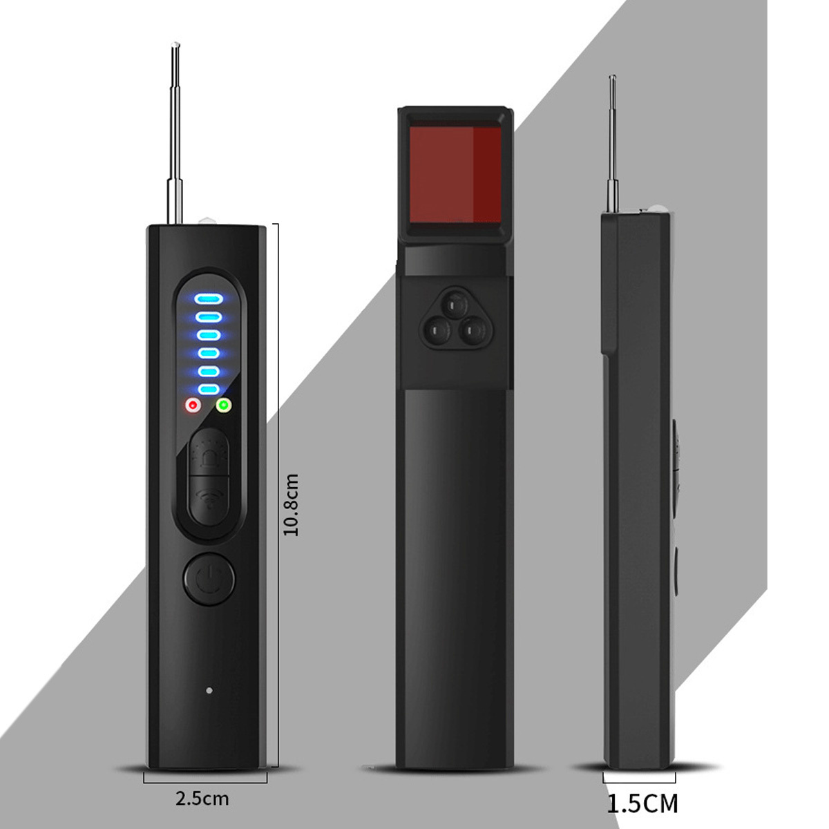 Schwarzes rechteckiges Gerät mit roter Anzeige und kleiner Antenne. Es hat Knöpfe und Lichter. Abmessungen sind angegeben.