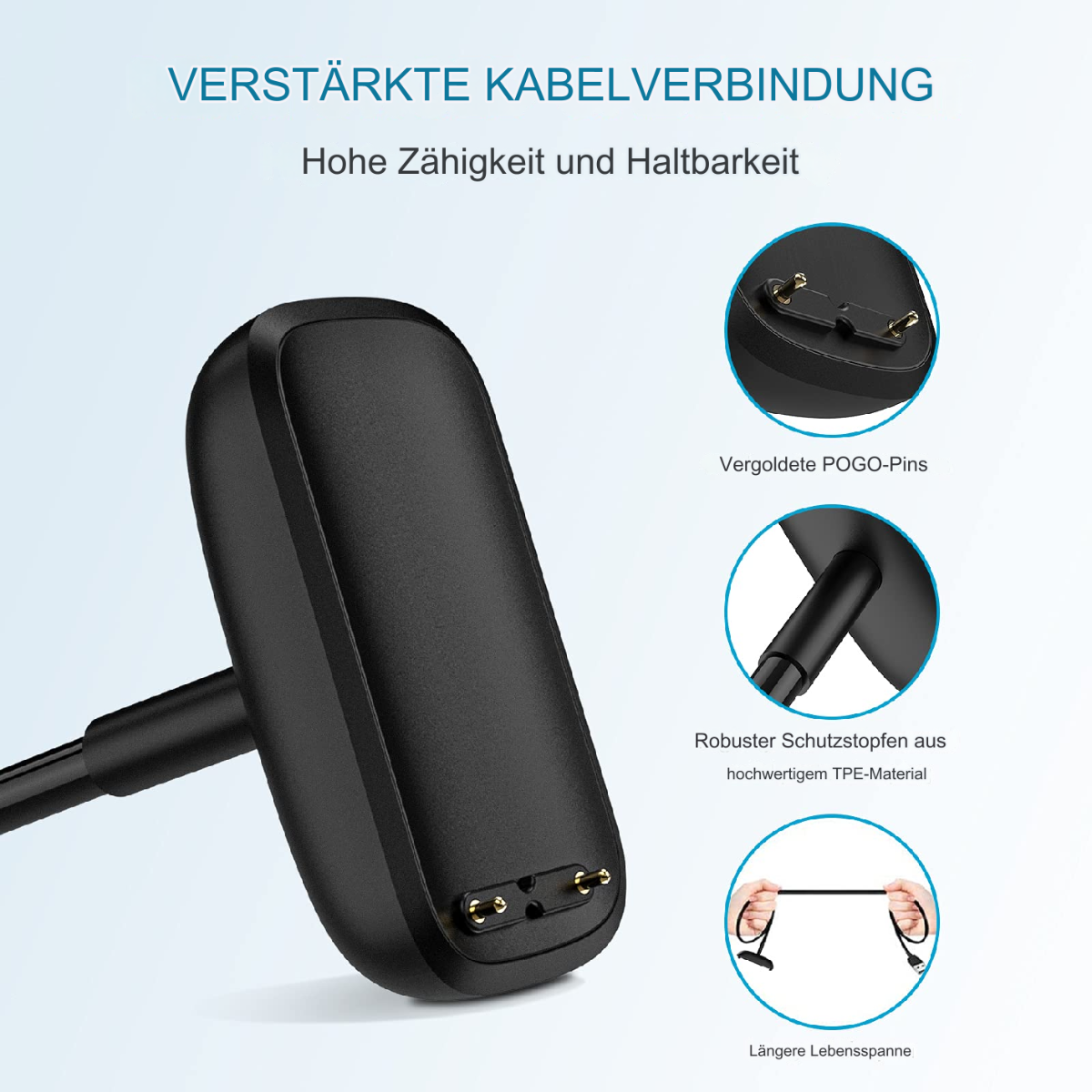 Eine schwarze Ladestation mit Kabelanschlüssen und Detailaufnahmen von Steckern.