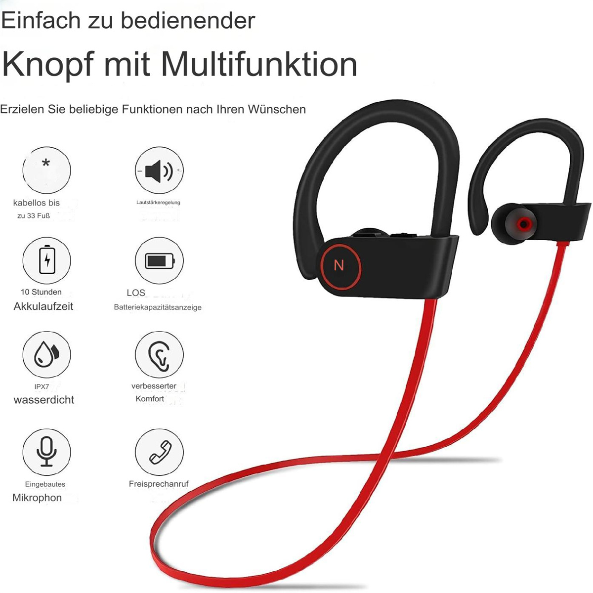 Kabellose Ohrhörer mit roten Kabeln und einem schwarzen Ohrhörer, die Funktionen und Design zeigen.