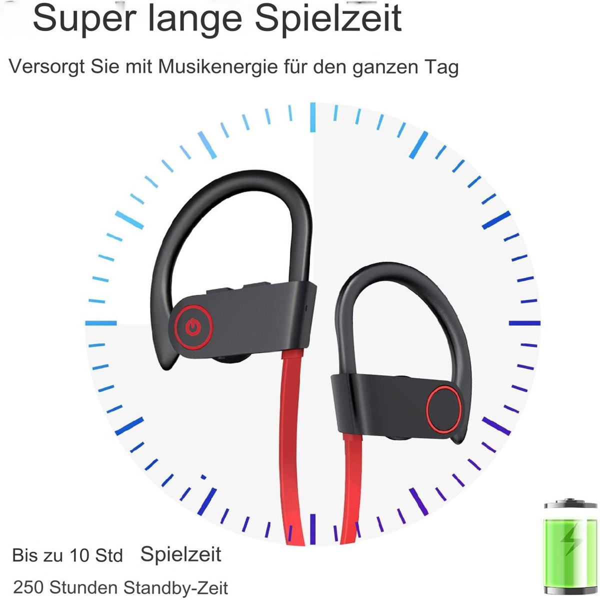 Kabellose Kopfhörer mit Ohrbügeln. Eine kreisförmige Grafik zeigt die Akkulaufzeit. Der Hintergrund ist weiß.