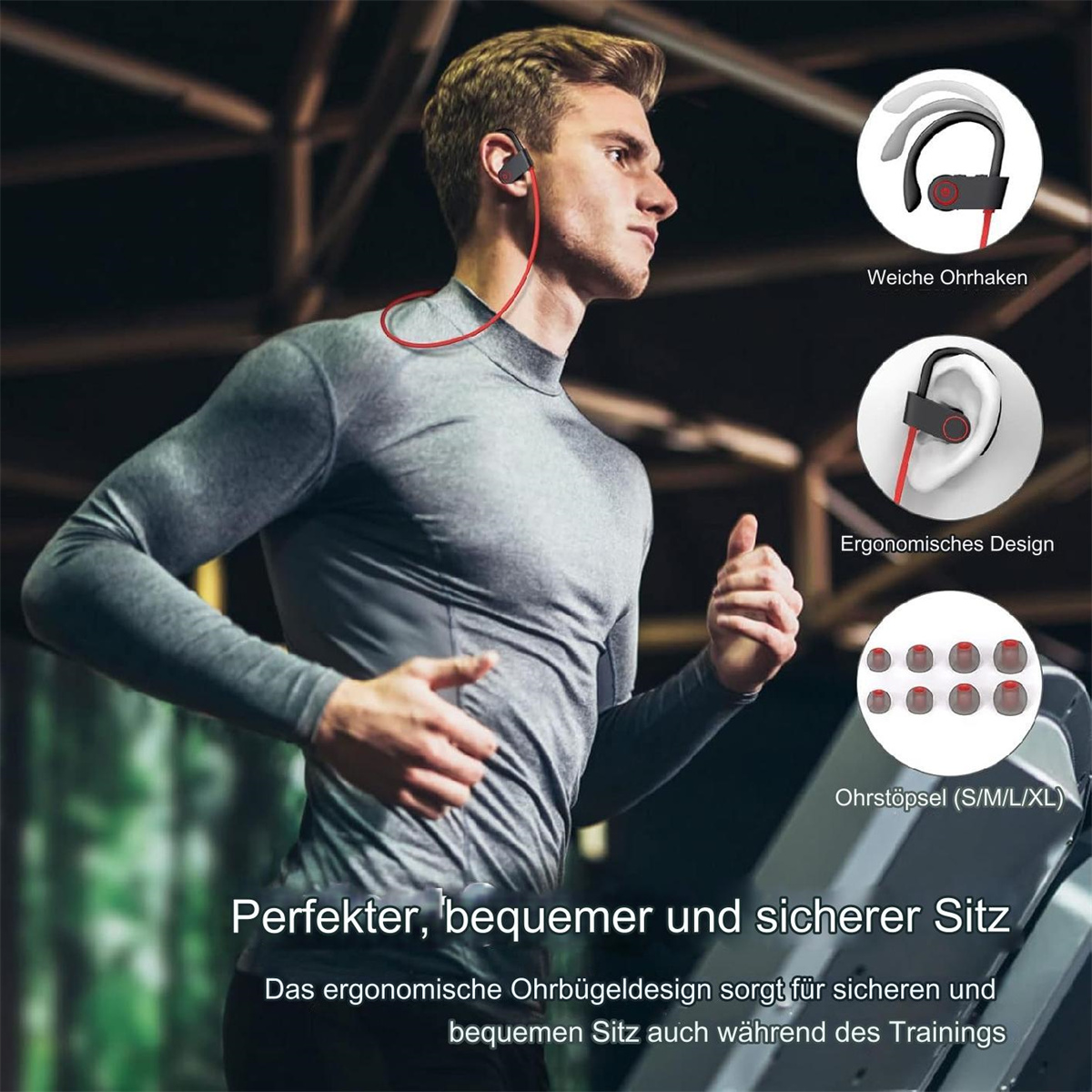 Mann läuft auf Laufband mit Sportkopfhörern, verschiedene Ohrstöpsel werden gezeigt.