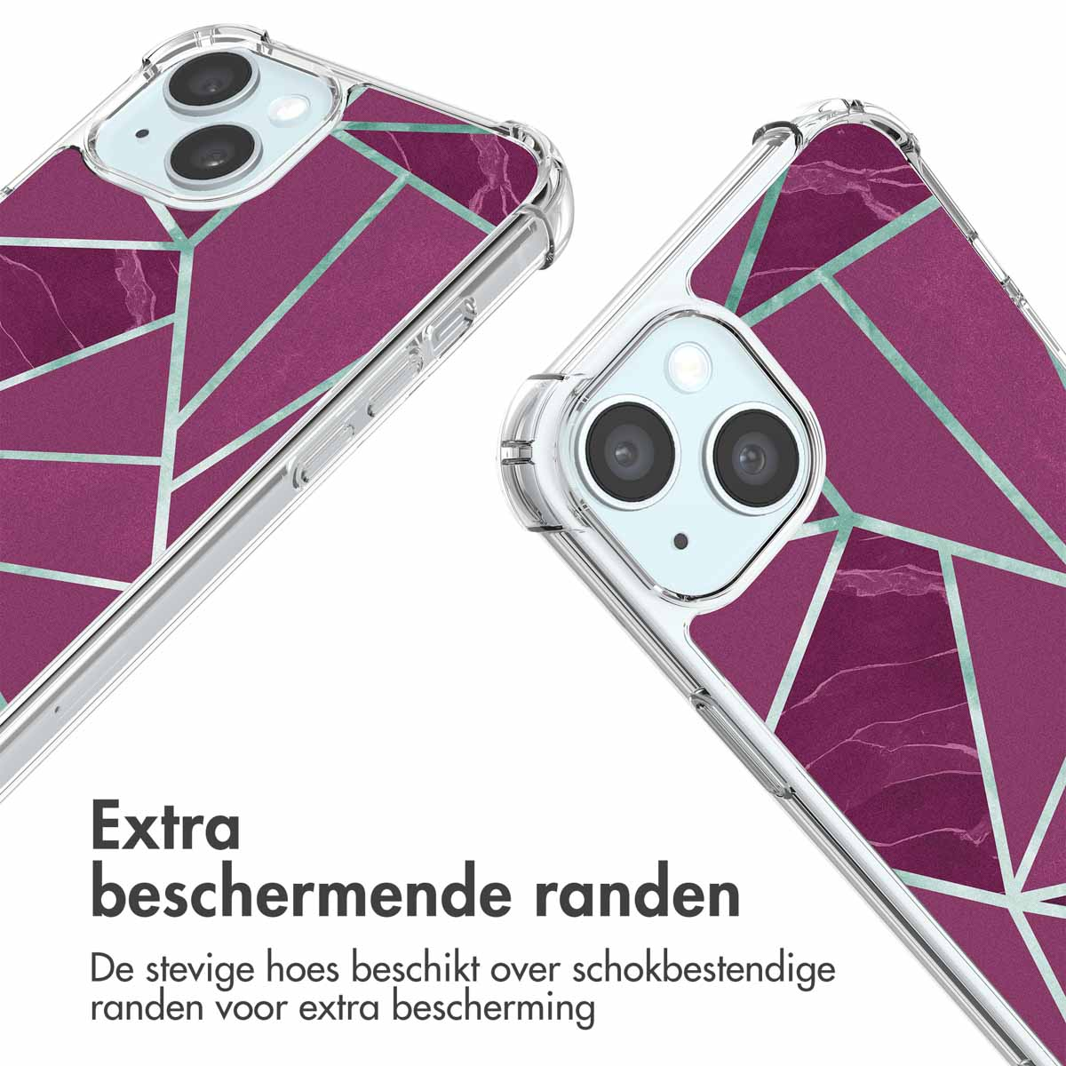 Twee doorzichtige telefoonhoesjes met paars marmerpatroon en geometrische lijnen.