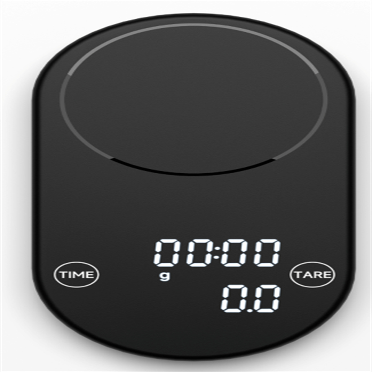 Schwarze digitale Küchenwaage mit Anzeige von 00:00, g, 0,0 und Zeit- und Tara-Tasten.