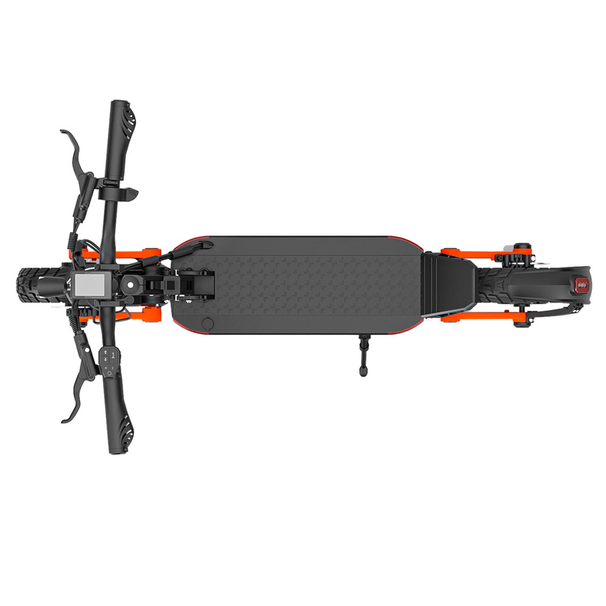 Draufsicht auf einen Elektroroller mit orangefarbenen und schwarzen Akzenten, Lenker und Ständer.