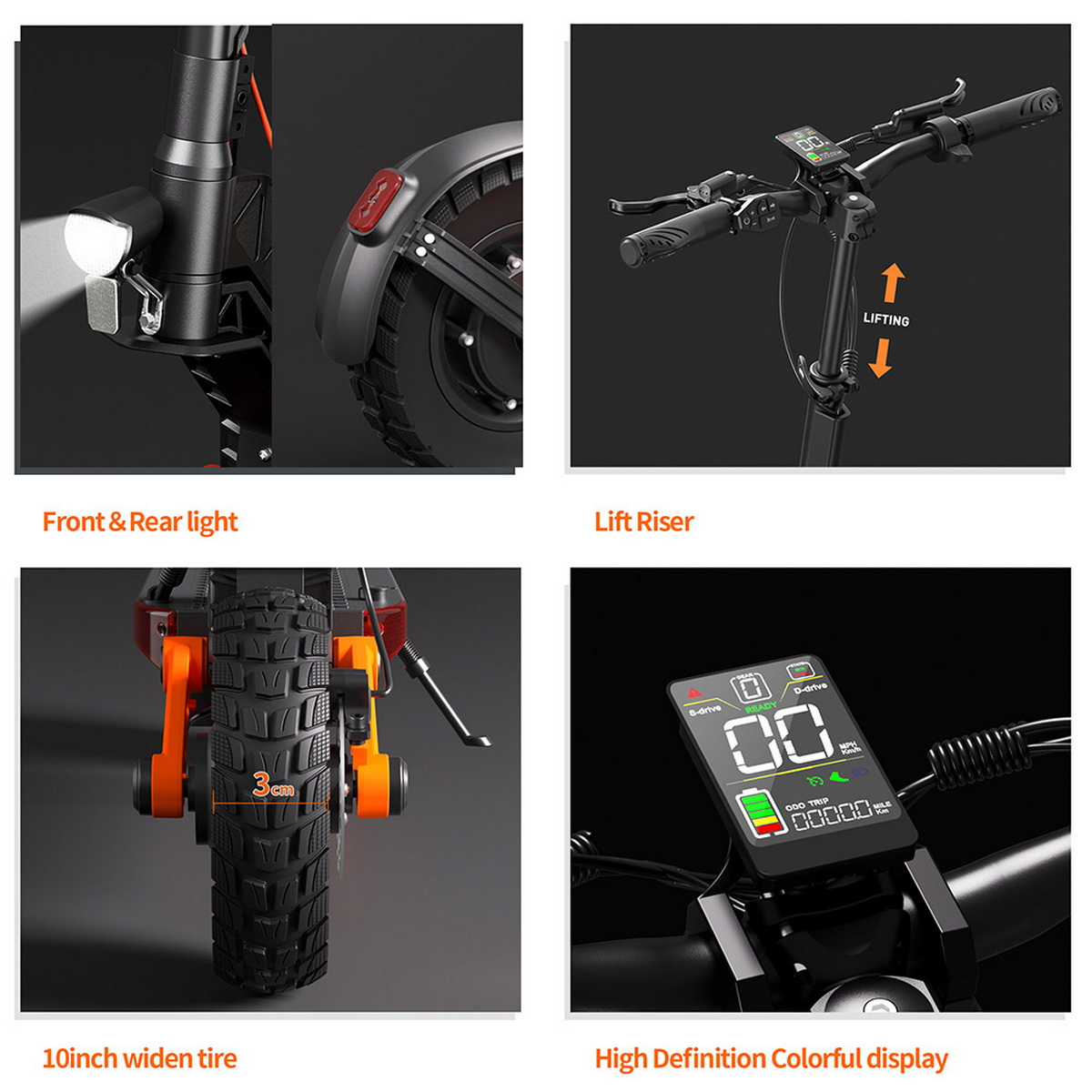Rollerteile. Vorder- und Rücklichter, 10-Zoll-Reifen, Display und Heber.