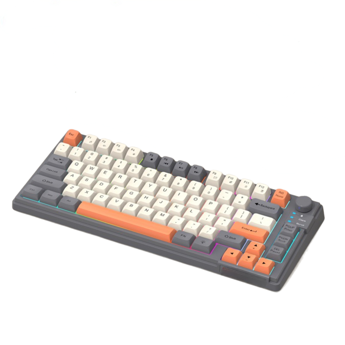 Graue Tastatur mit orangefarbenen und weißen Tasten auf weißem Hintergrund.