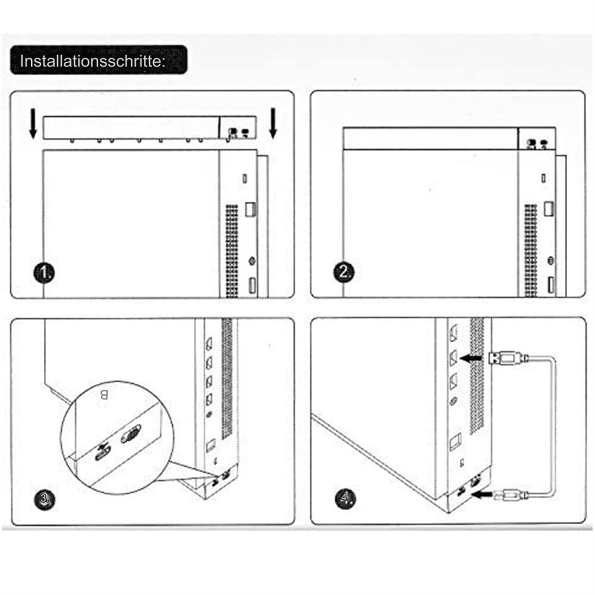Diagramm, das die Installationsschritte eines Geräts mit einer Reihe von Illustrationen zeigt.