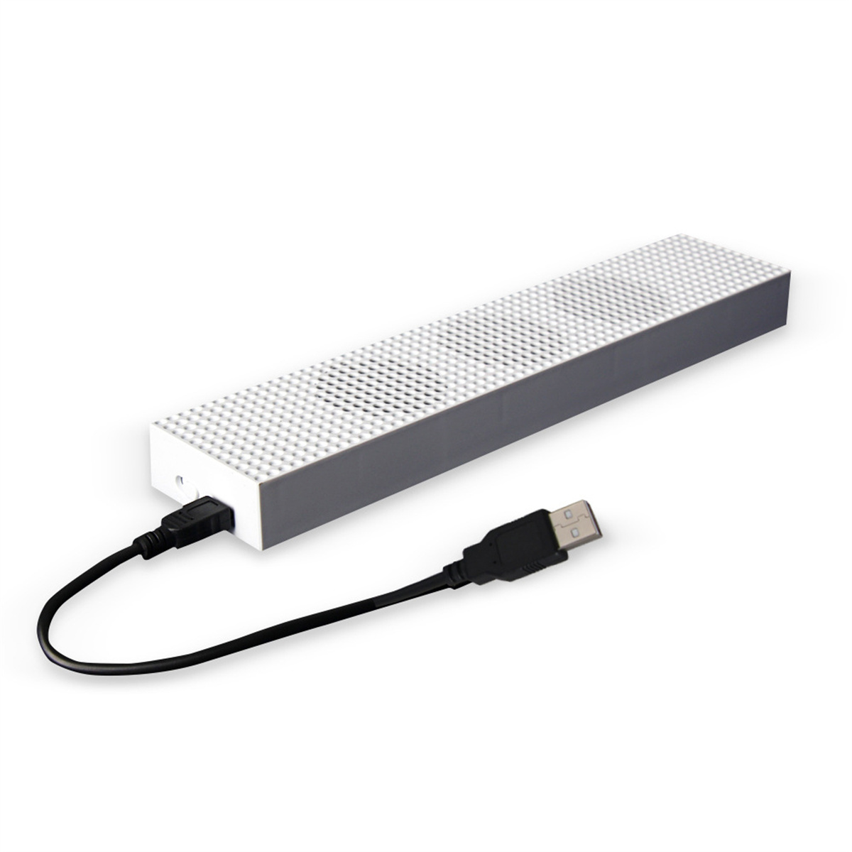 Graues und weißes rechteckiges, ziegelartiges Gerät mit angeschlossenem USB-Kabel.