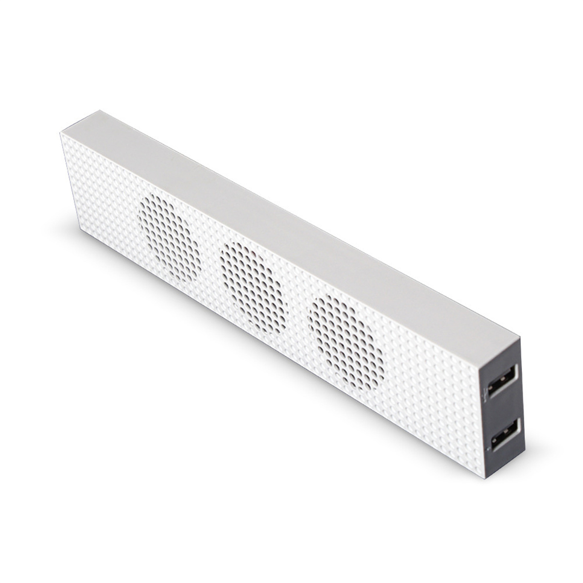 Weißer rechteckiger USB-Hub mit drei kreisförmigen Lüftungsöffnungen und zwei USB-Anschlüssen.