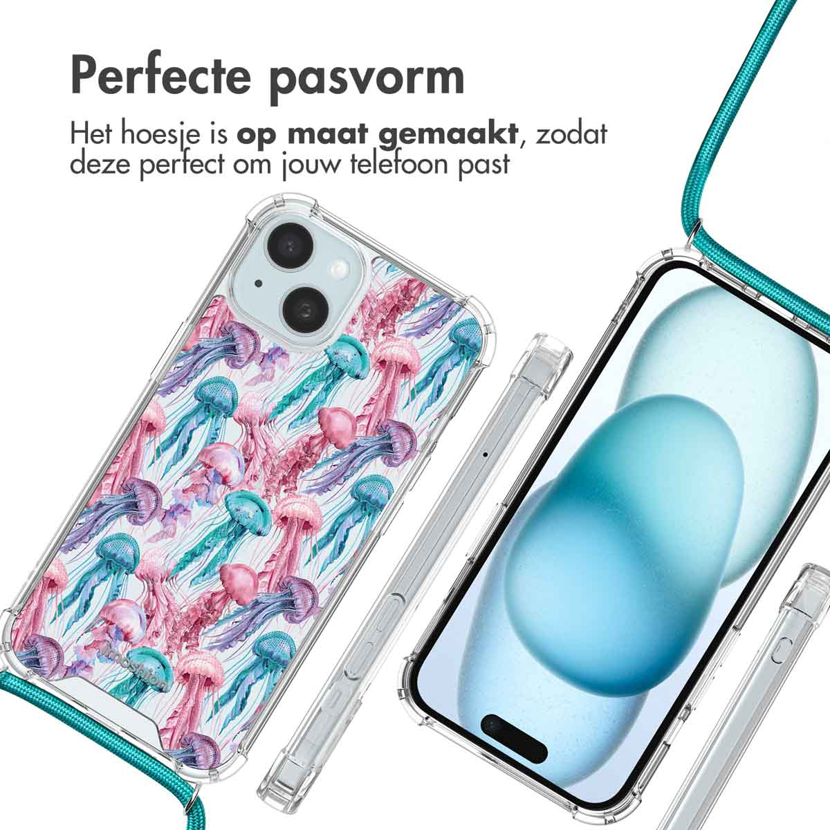 Transparante hoes met kwallenprint en koord, naast een telefoon.
