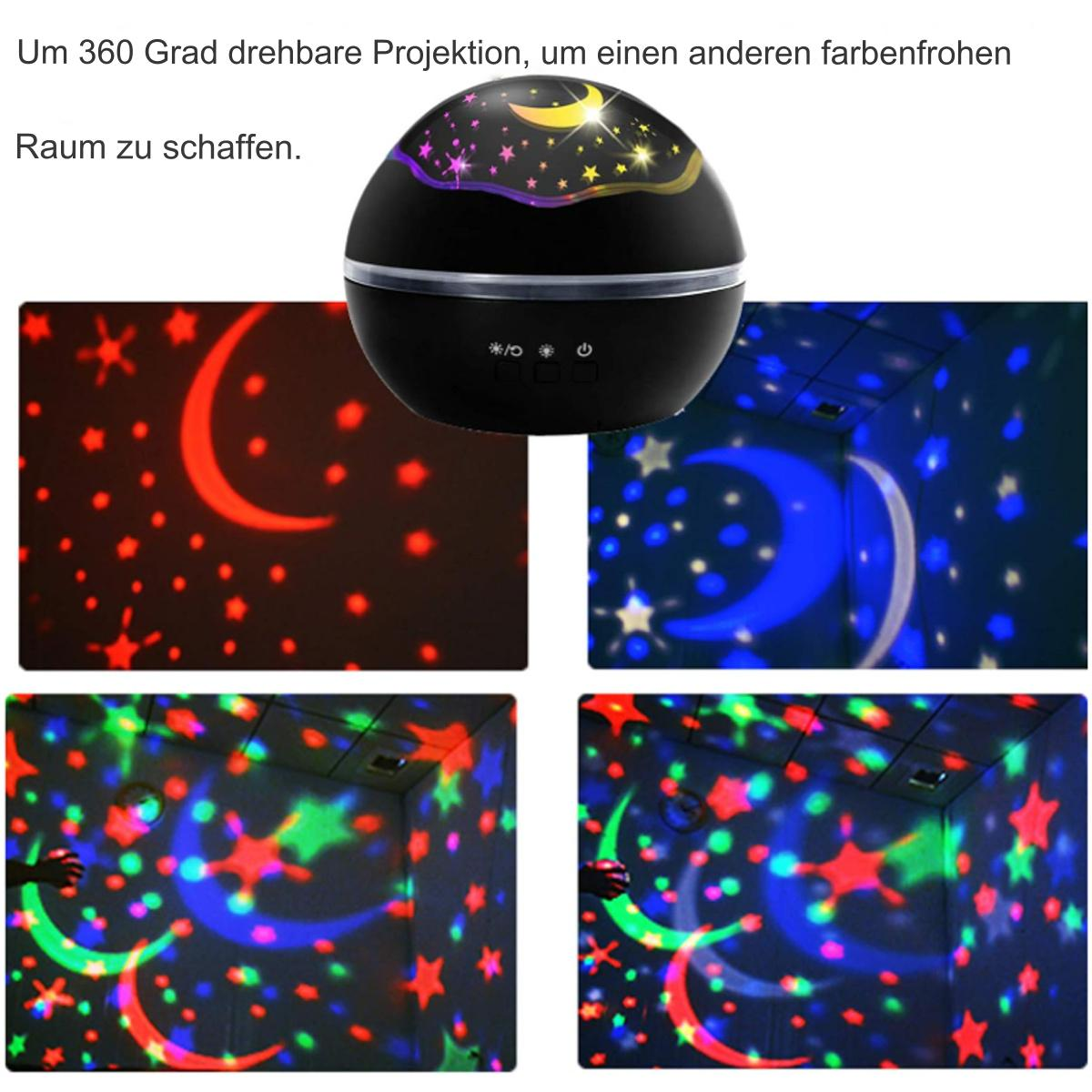 Schwarzer Projektor, der verschiedene farbenfrohe Projektionen anzeigt. Beispiele für Stern- und Mondprojektionen.