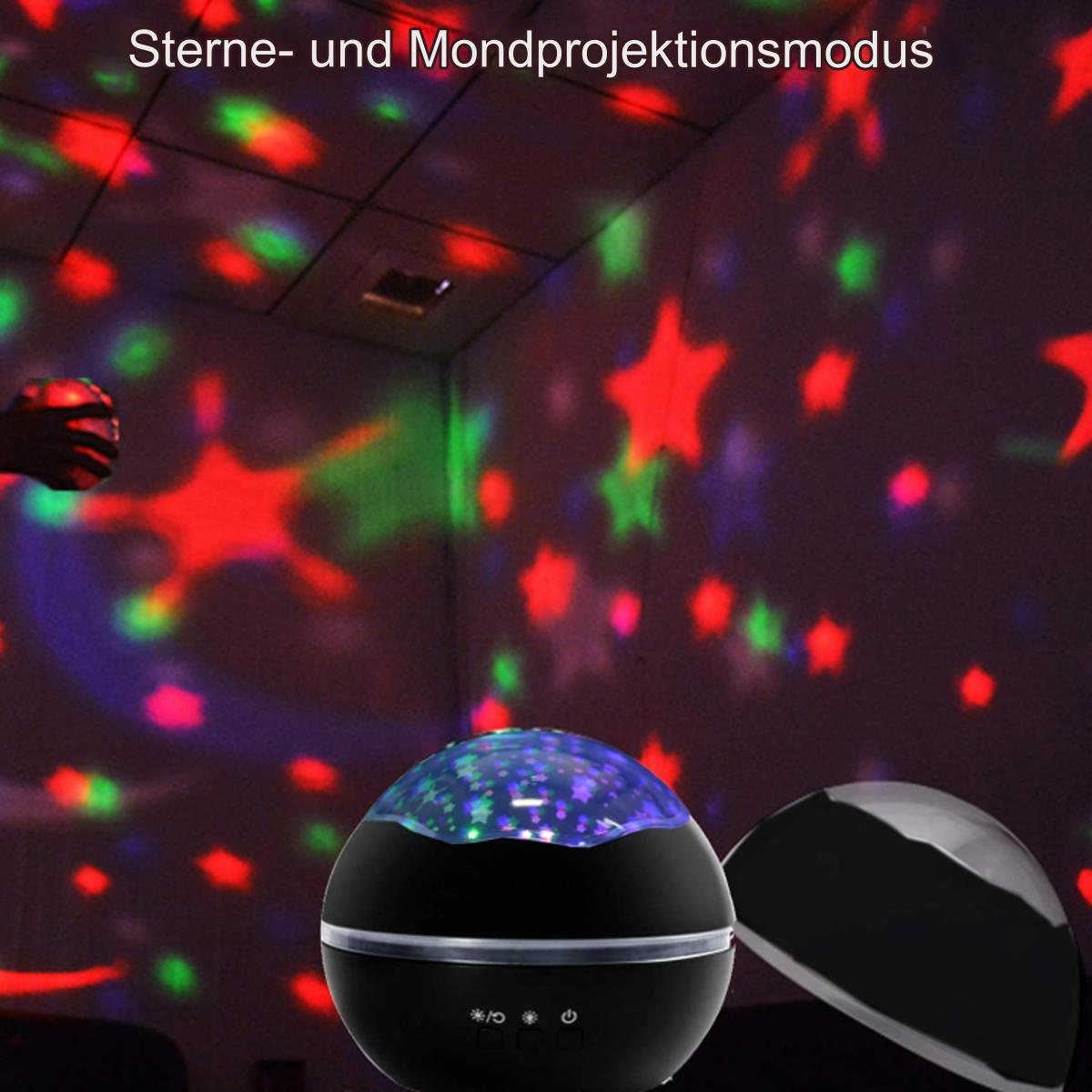 Ein Projektor mit Stern- und Mondprojektionsmodus, der rote und grüne Sterne auf eine dunkelwand projiziert.