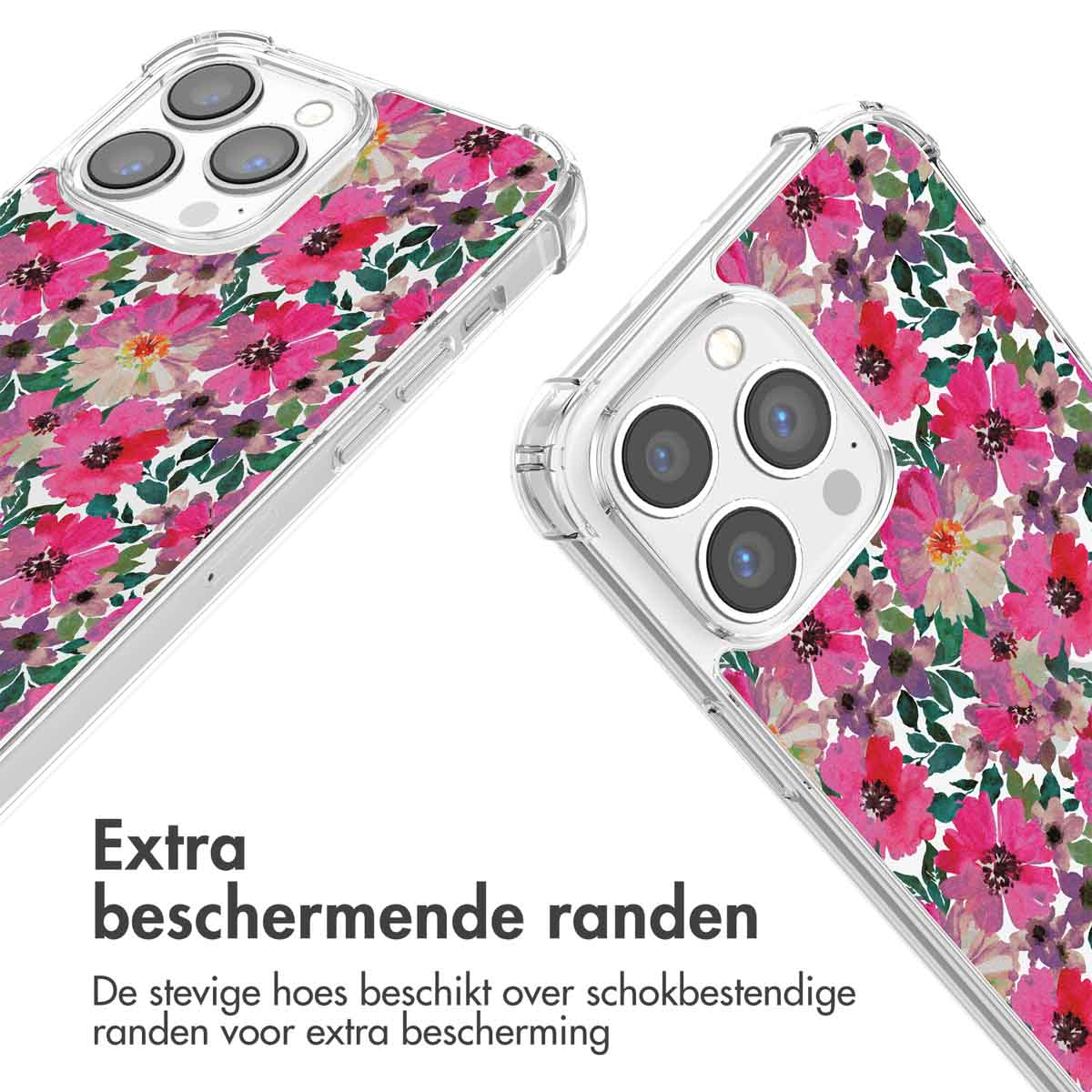 Coque de téléphone transparente avec motif floral rose et bords renforcés.