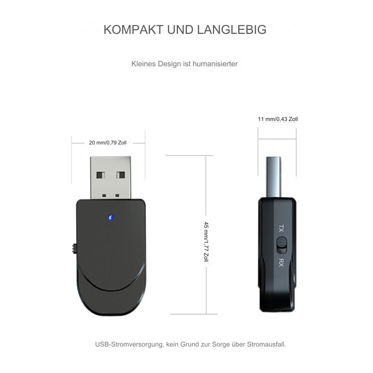Zwei kleine schwarze Geräte mit Maßen. Text: USB-Stromversorgung, keine Sorge vor Stromausfall.