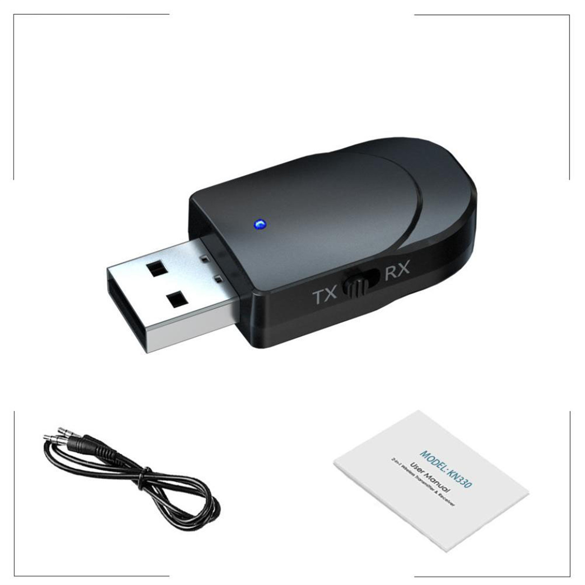 Schwarzer USB-Sender/Empfänger mit Kabeln und einer Bedienungsanleitung.