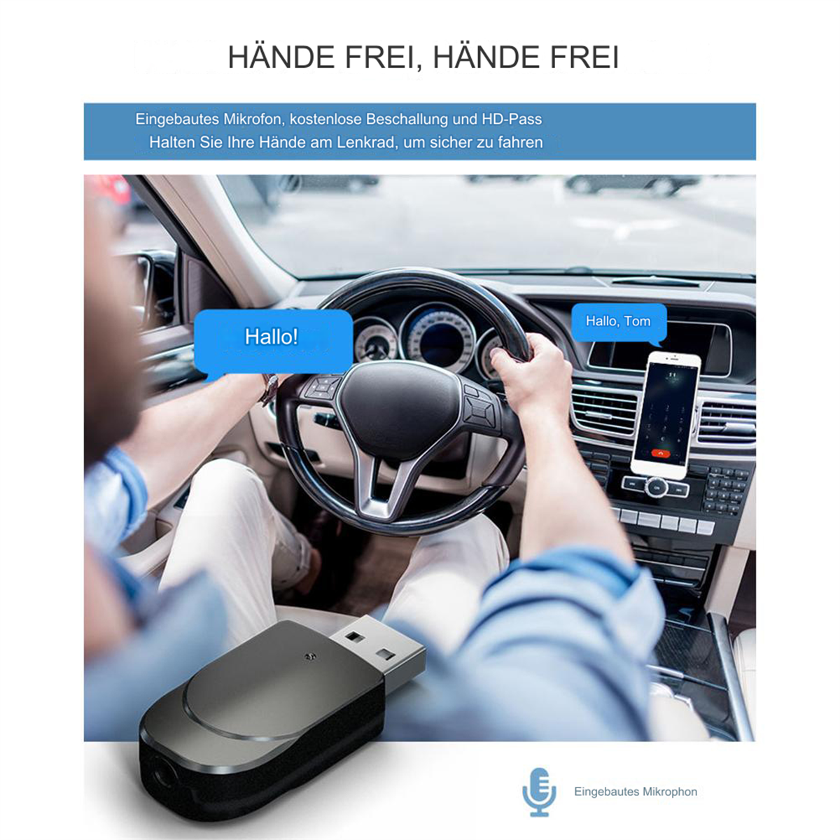 Eine Person im Auto, die eine Freisprecheinrichtung benutzt, mit einem Telefon auf dem Armaturenbrett und Textblasen.