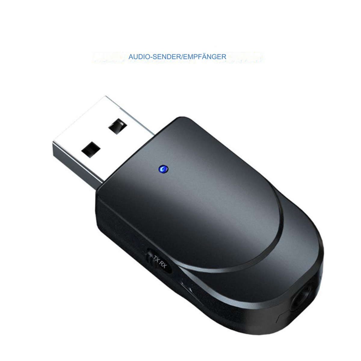 Ein schwarzer USB-Audio-Sender und -Empfänger. Er hat einen USB-Anschluss und eine 3,5-mm-Audiobuchse.