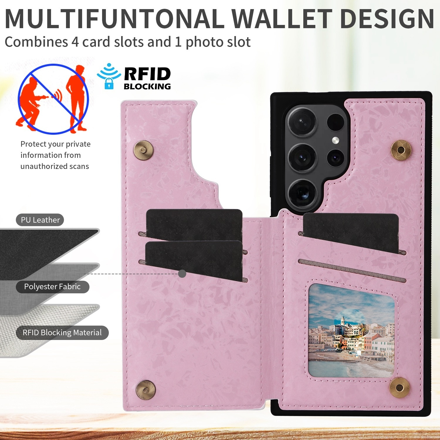 Rosa Geldbörsen-Design mit RFID-Blockierung, 4 Kartenfächern und 1 Fotofach. PU-Leder.