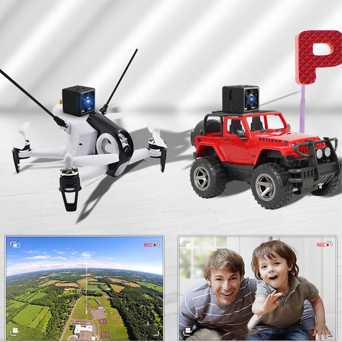 Drohne und roter Spielzeugjeep mit Kameras. Zwei Bildschirme zeigen ein Feld und eine Familie.
