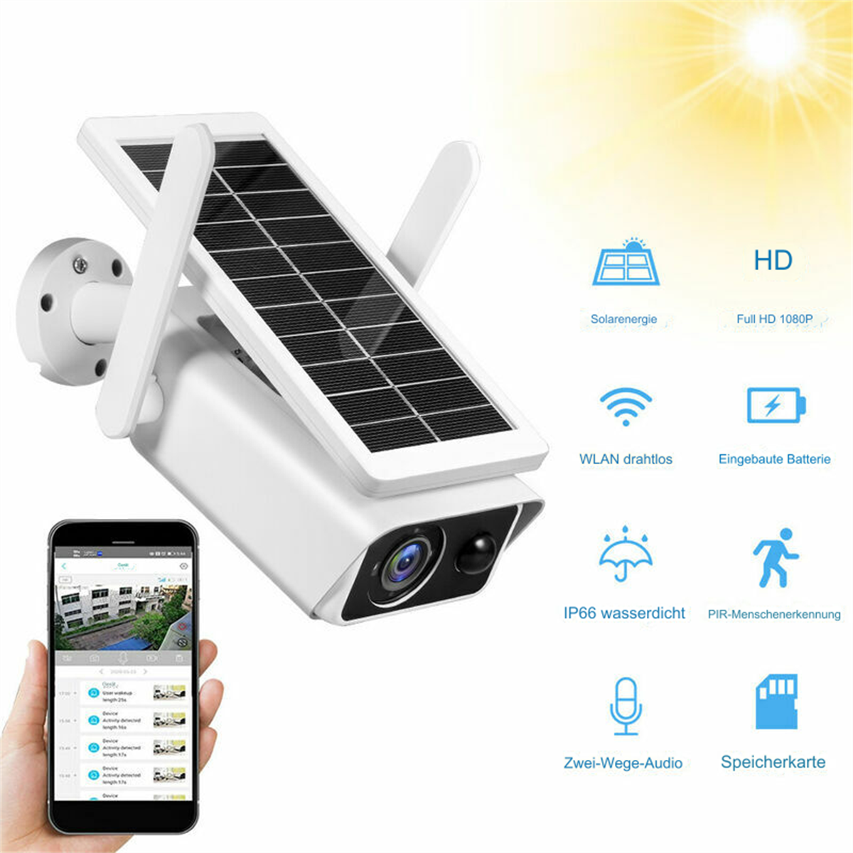 Weiße solarbetriebene Überwachungskamera mit Telefonanzeige. Kamera hat Solarpanel und Antennen.