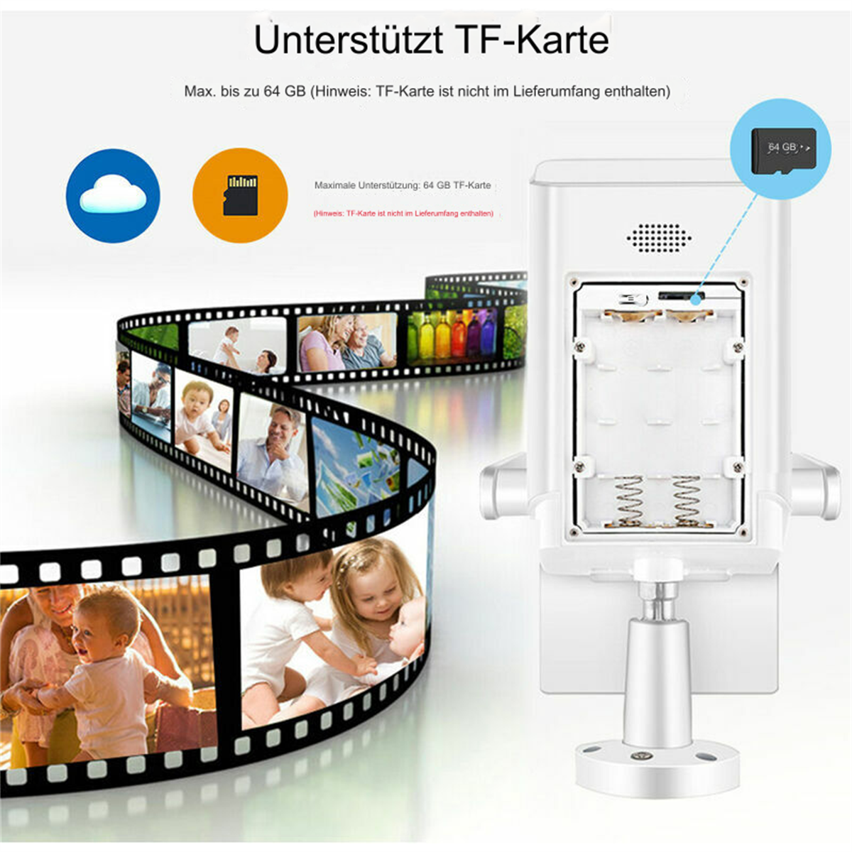 Weißes Gerät mit Filmstreifen von Fotos und 64 GB Karte. Text auf Deutsch. Bilder von Menschen und Familien.