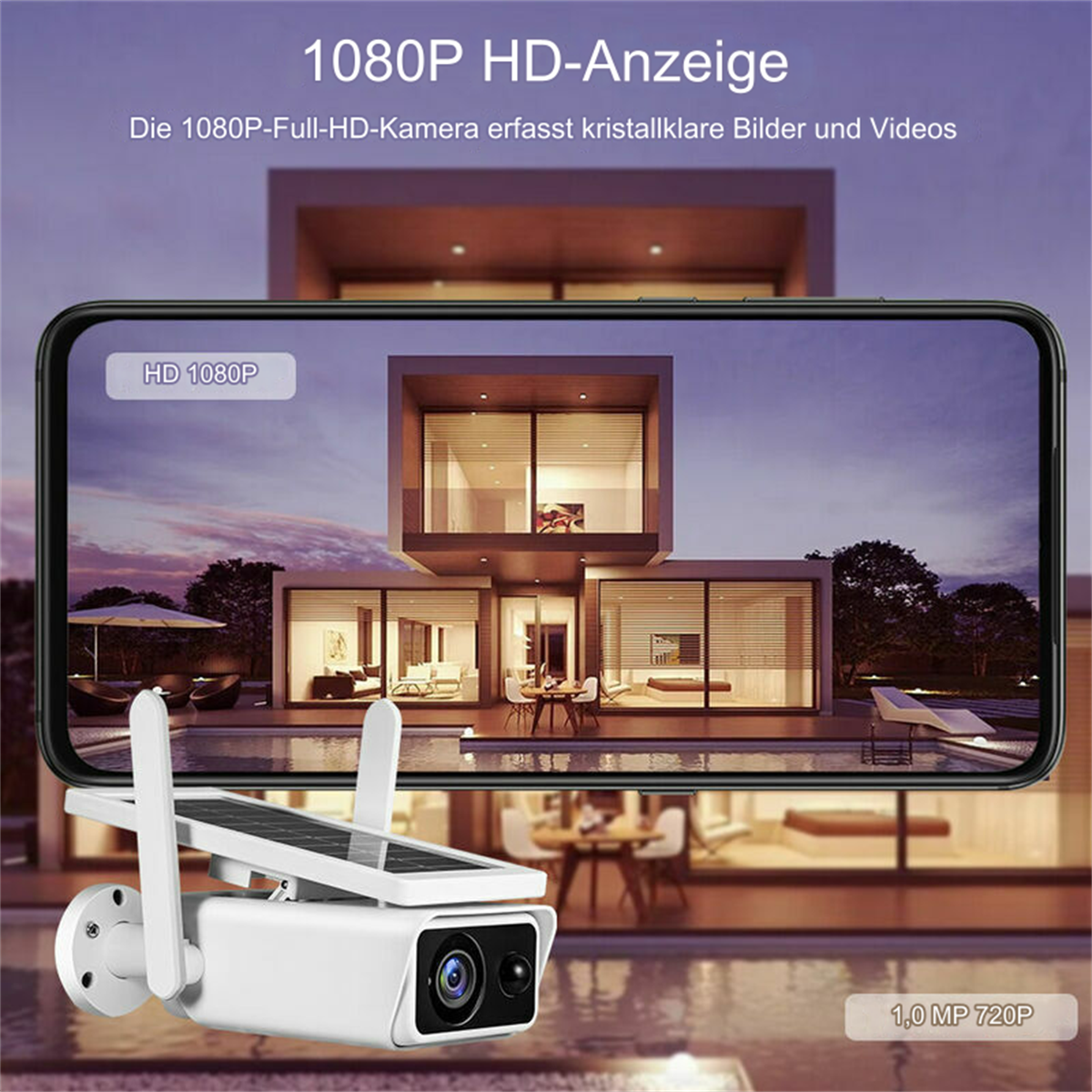 Smartphone mit Kamera, die eine Hausansicht anzeigt. Outdoor-Solarpanel-Kamera-Setup. Weißer Hintergrund.