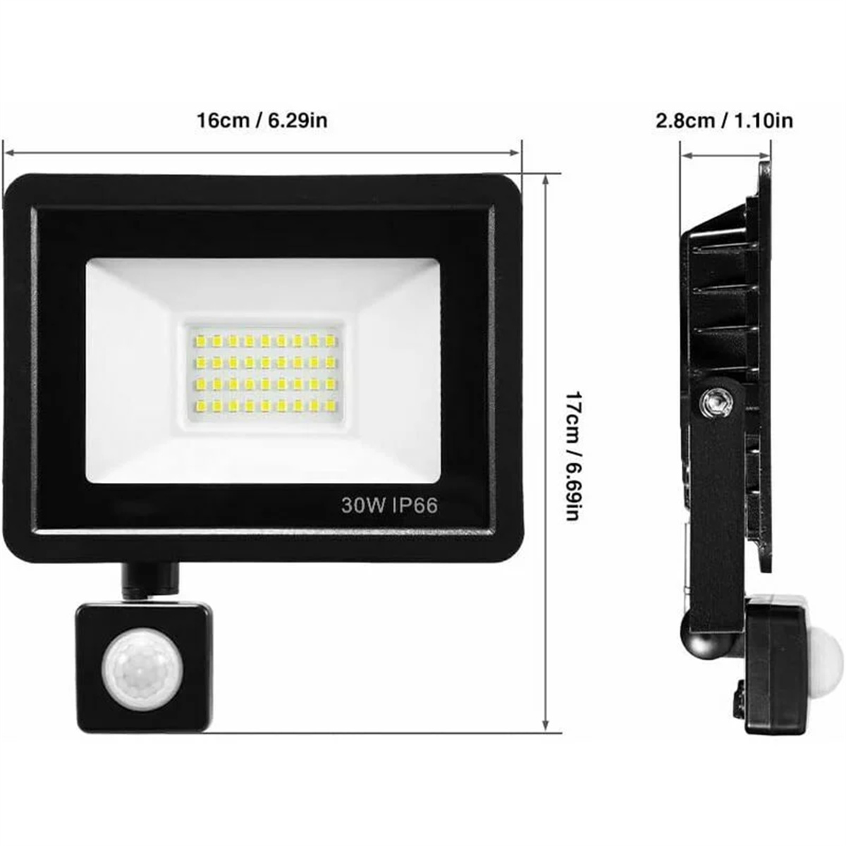 Ein schwarzer LED-Flutlichtscheinwerfer mit Abmessungen und Seitenansicht mit Sensor.