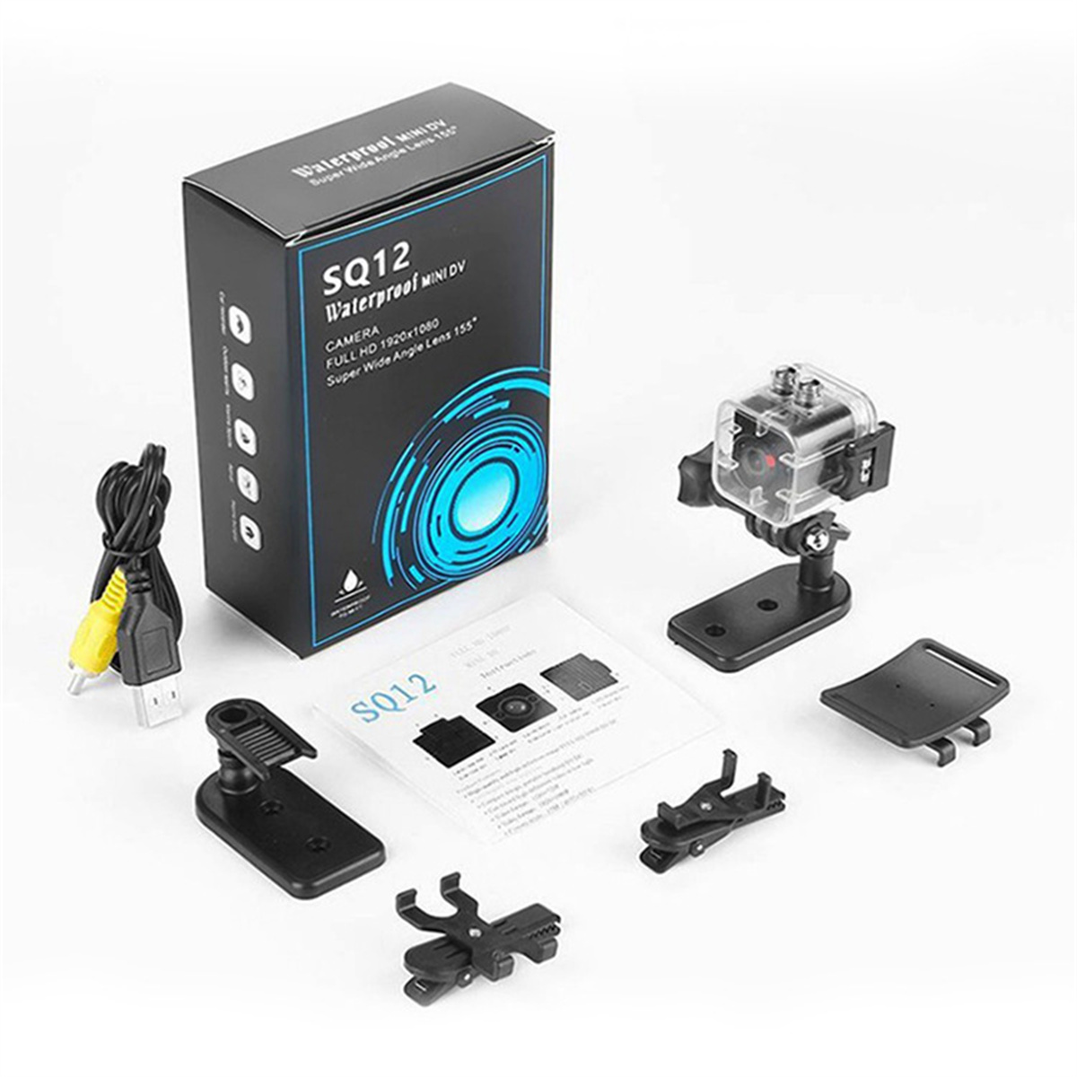 Miniatur-Kamera-Kit mit Zubehör und einer Box mit der Aufschrift 'SQ12 Waterproof Mini DV'.