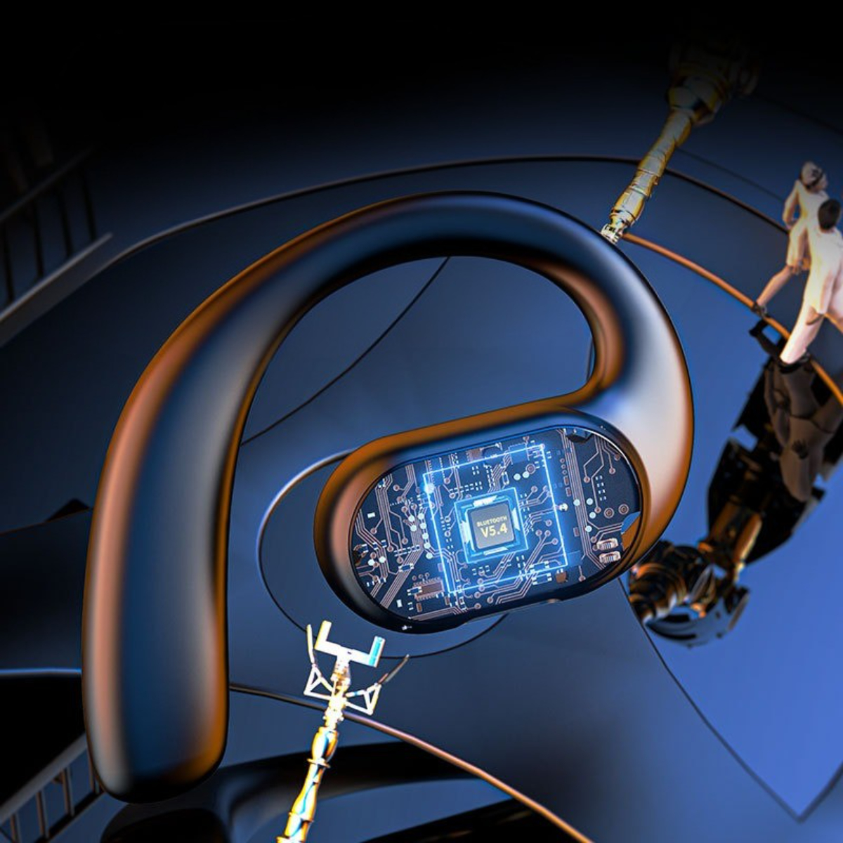 Schwarzer Kopfhörer mit gebogenem Design, Schaltkreisdetail und zwei Figuren im Hintergrund.