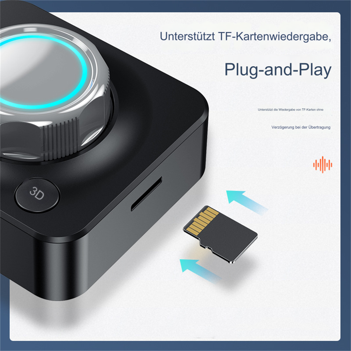 Ein schwarzes, kreisförmiges Gerät mit einem silbernen Drehknopf und einer SD-Karte. Der Text erwähnt Plug-and-Play-Funktionalität.