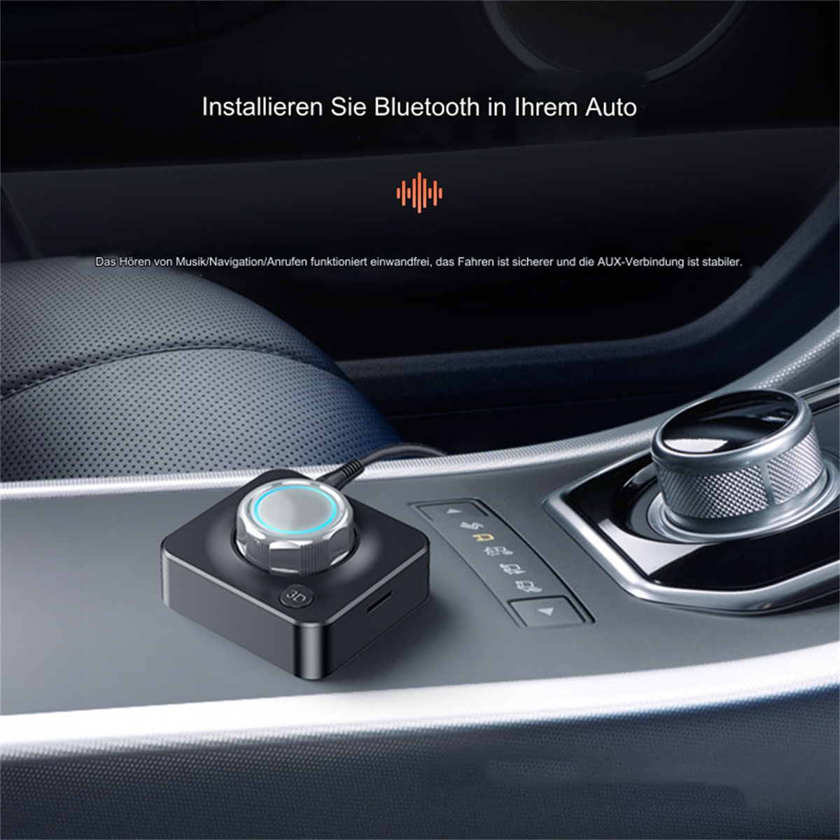 Bluetooth-Gerät in der Konsole eines Autos. Text: Installieren Sie Bluetooth in Ihrem Auto.