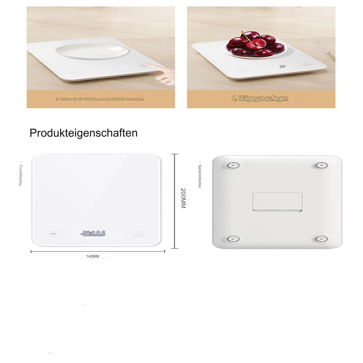 Weiße Küchenwaage mit roten Kirschen und ein Beispiel für die Anzeige, mit Produkteigenschaften.