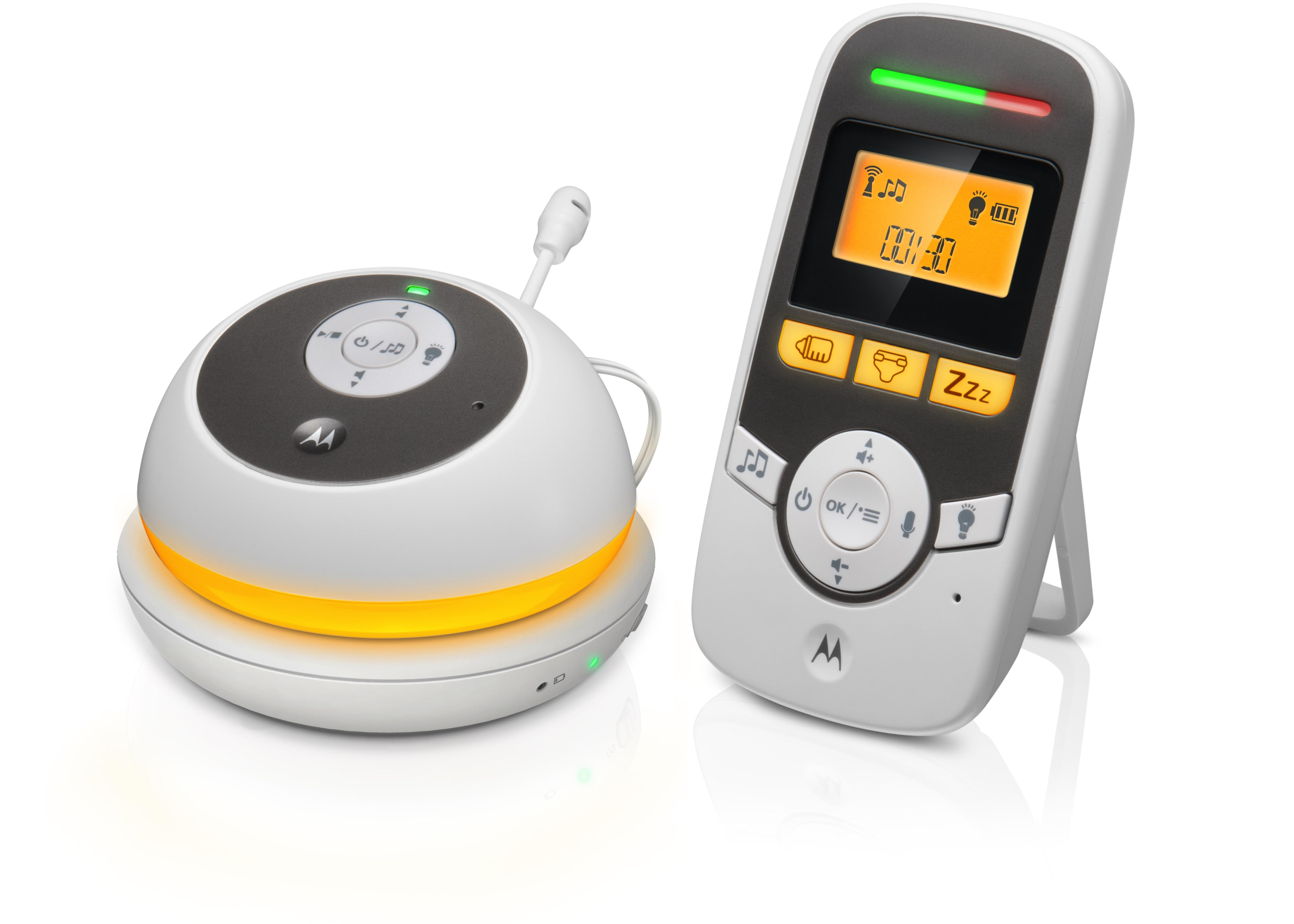 A baby monitor set, with a base and a handheld monitor. The handheld monitor has a screen.