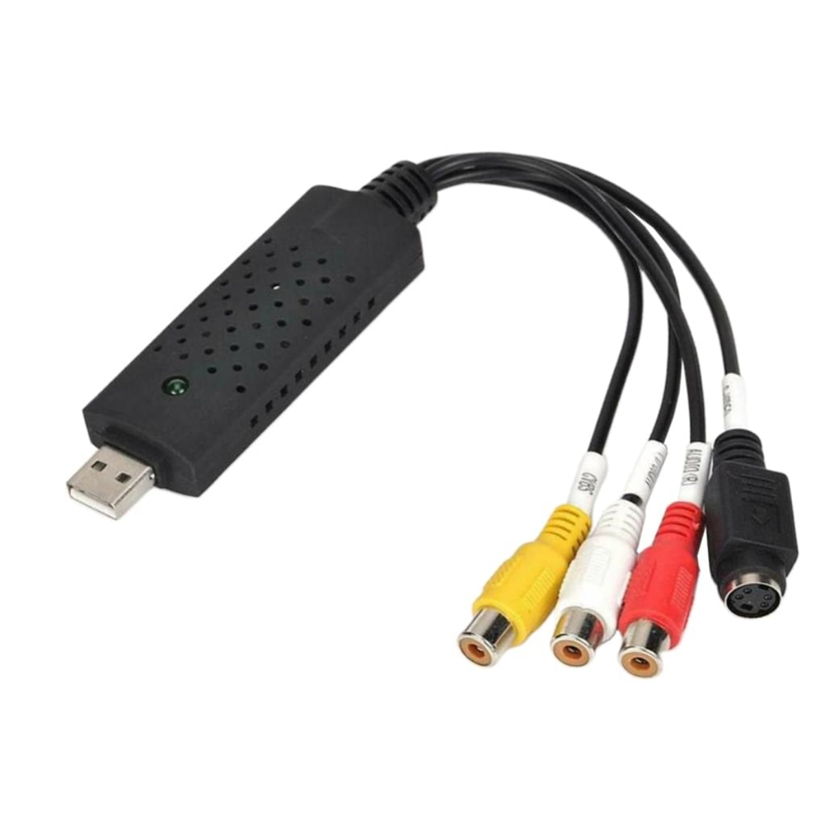 Schwarzer USB-zu-Cinch-Adapter mit gelben, weißen und roten Steckern.