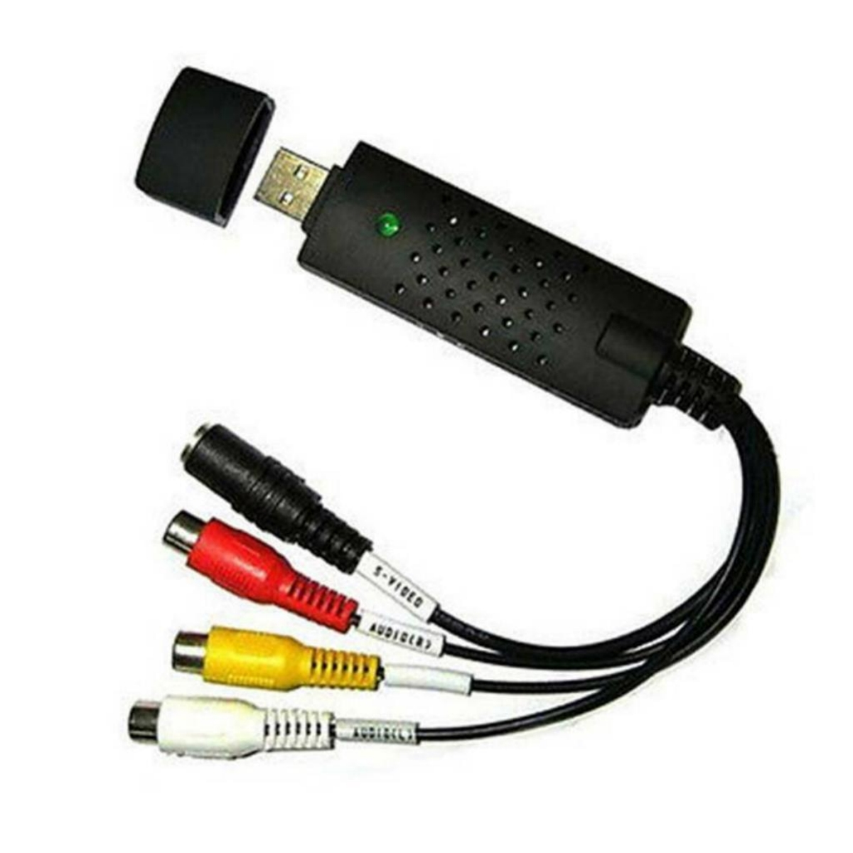 Schwarzes USB-Videoaufnahmegerät mit Kabeln. Enthält S-Video, rote, gelbe und weiße Audiokabel.