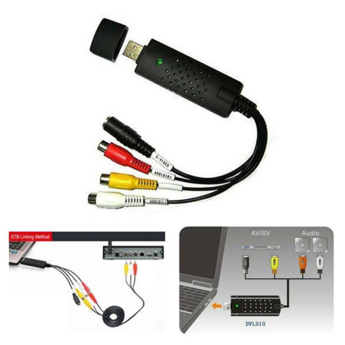 Schwarzer USB-zu-AV/SV/Audio-Adapter mit Kabeln und Anschlüssen. Diagramme zeigen die Verwendung.