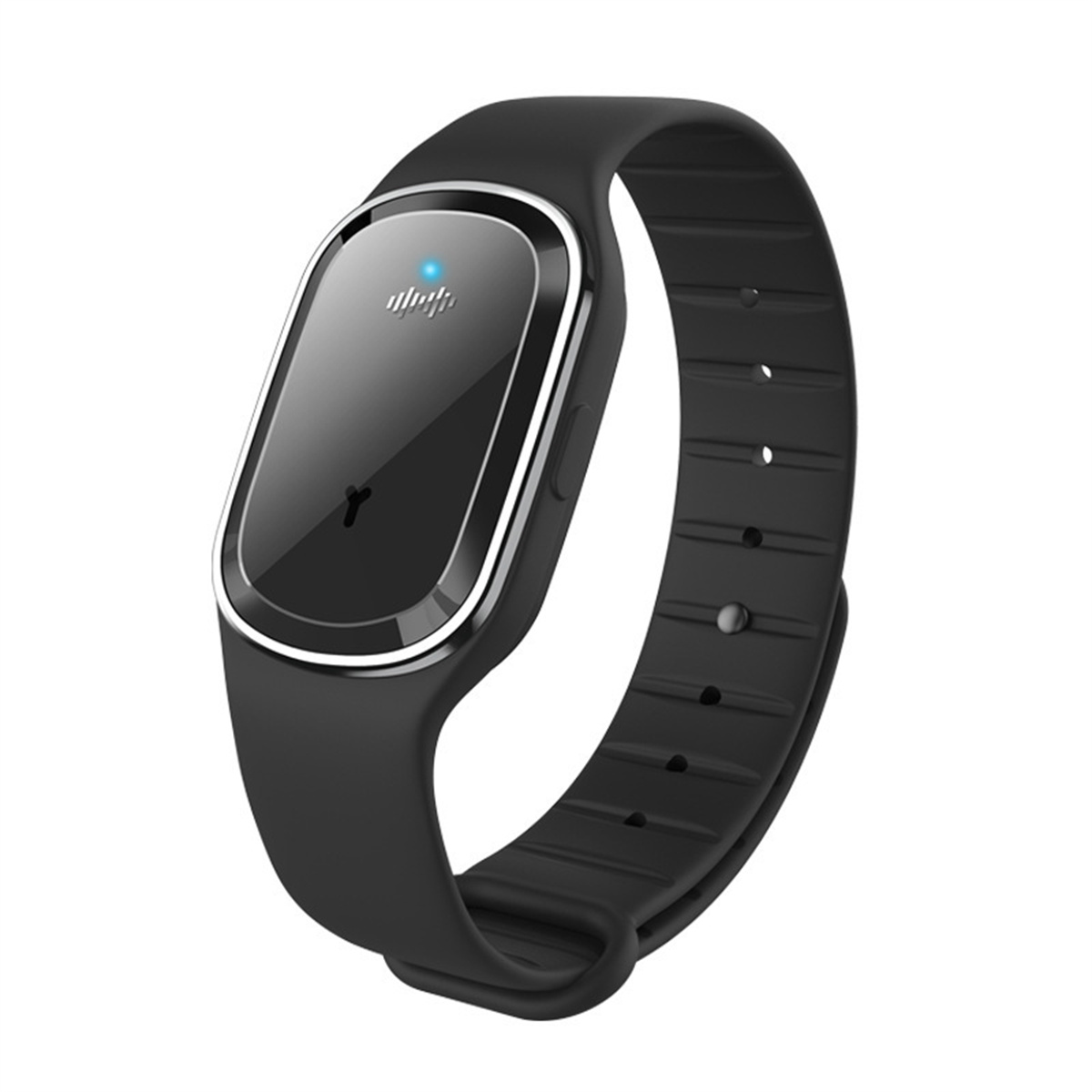 Schwarzes Armband mit silberfarbenem ovalem Gerät mit blauem Licht und kleinen grafischen Symbolen.