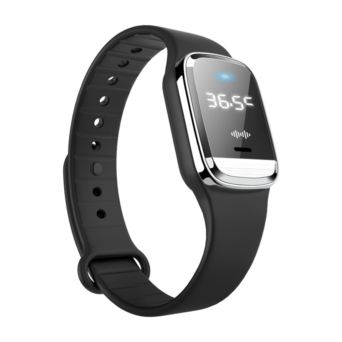 Schwarzer Fitnesstracker mit einem Bildschirm, der 36,55 anzeigt. Der Tracker hat ein schwarzes Band. Weißer Hintergrund.