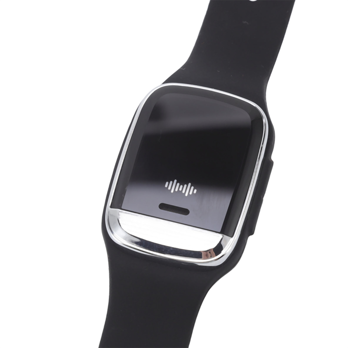 Schwarze Smartwatch mit einem Bildschirm, der Schallwellen zeigt. Die Uhr hat einen silbernen Rahmen und ein schwarzes Armband.